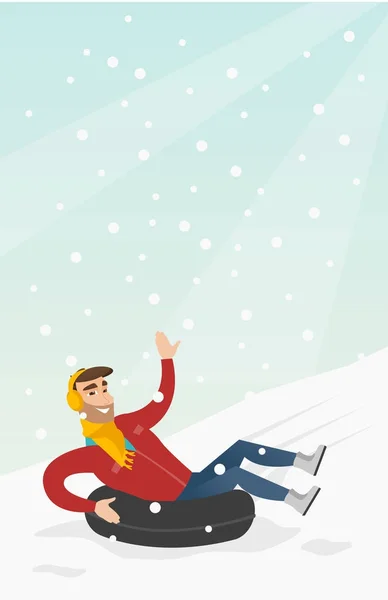 Man sledding on snow rubber tube in the mountains — Stock Vector