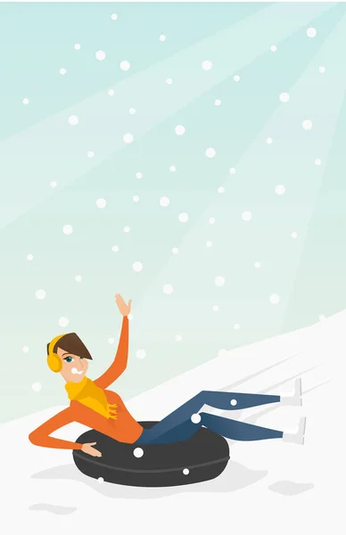 Girl sledding on snow rubber tube in the mountains — Stock Vector