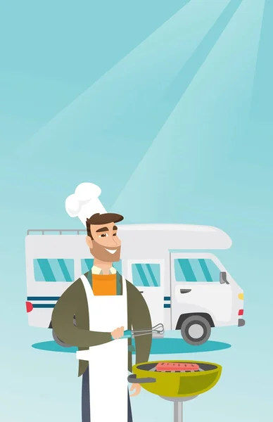 Jeune homme barbecue viande en face de camping-car . — Image vectorielle