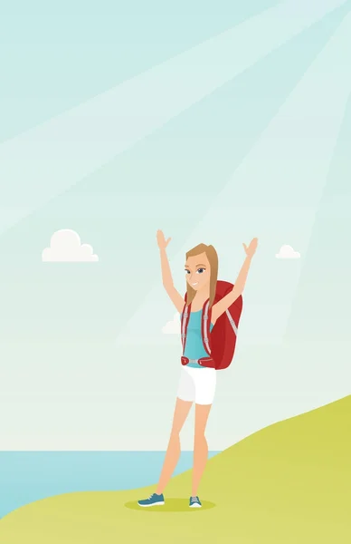 Young tourist enjoying the scenery with hands up. — Stock Vector