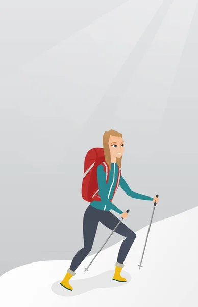 Montañista caucásico escalando una cresta nevada . — Vector de stock