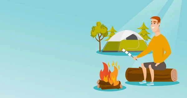 Pria Kaukasia memanggang marshmallow di atas api unggun  . Stok Vektor