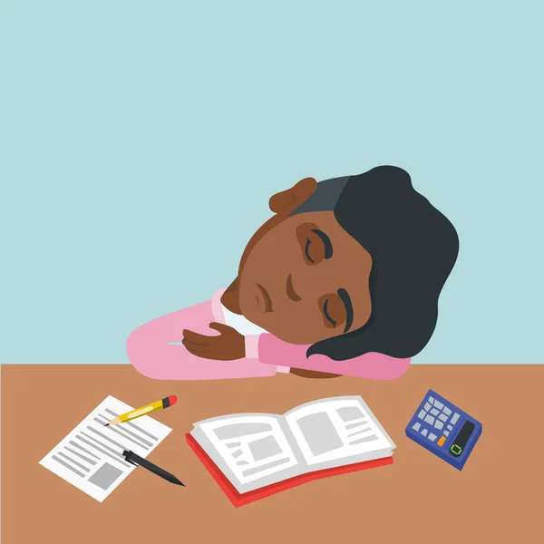 Ung afrikansk student sover på skrivbordet. — Stock vektor