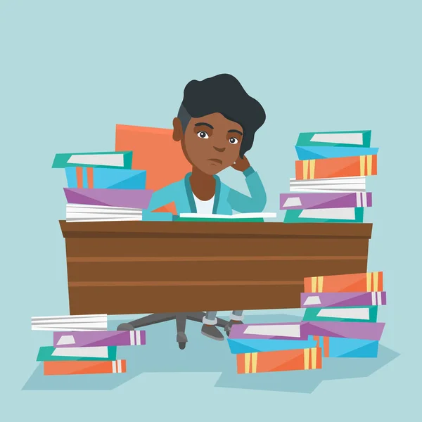 Diák ül az asztalnál, a halom könyvek. — Stock Vector