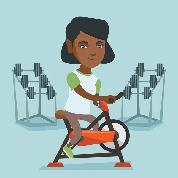 Young african woman riding stationary bicycle. — Stock Vector