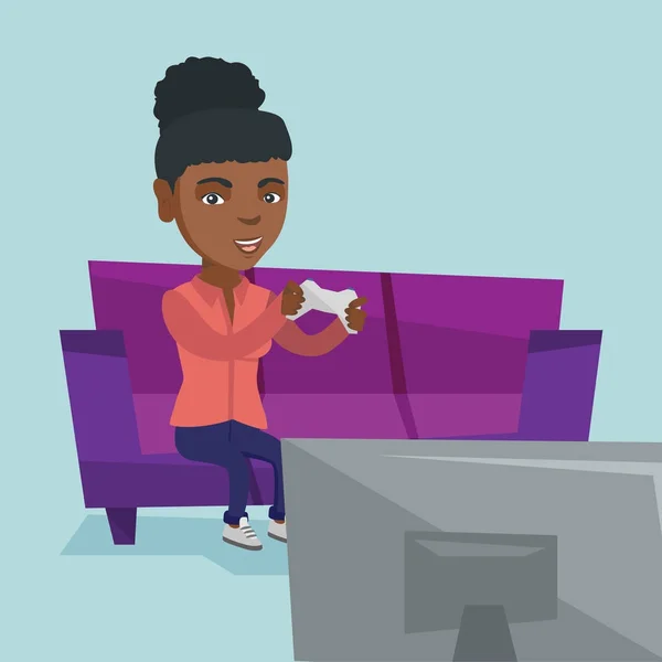 Afrikalı-Amerikalı kadın video oyun oynarken. — Stok Vektör