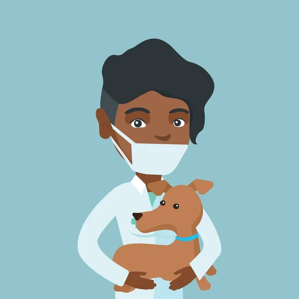 Joven veterinario africano con perro en las manos . — Vector de stock