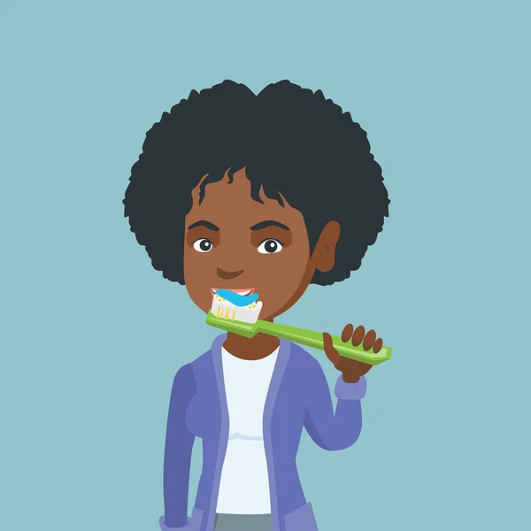 Joven mujer afroamericana cepillándose los dientes . — Vector de stock