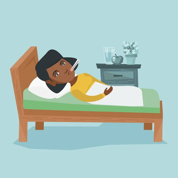 Mulher africana doente com termômetro deitado na cama . —  Vetores de Stock