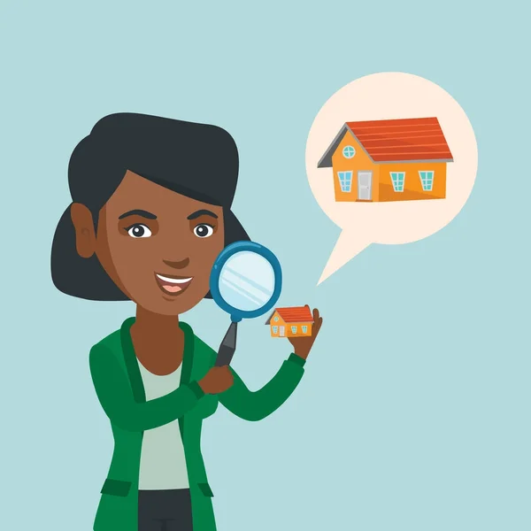 Jeune femme afro-américaine à la recherche d'une maison . — Image vectorielle