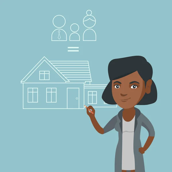 Jeune femme afro-américaine dessinant la maison familiale . — Image vectorielle