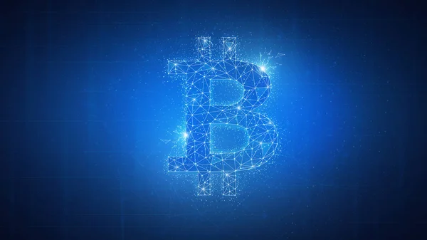 Νόμισμα Bitcoin σε πολύγωνο blockchain τεχνολογία δικτύου στυλ. — Φωτογραφία Αρχείου