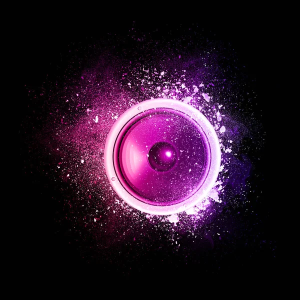 Music speaker flying in violet particles. — Stock Photo, Image
