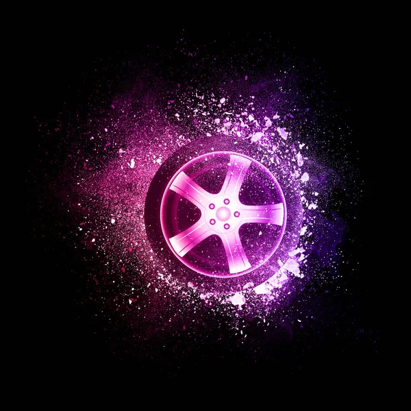 Car wheel flying in violet particles. — Stock Photo, Image