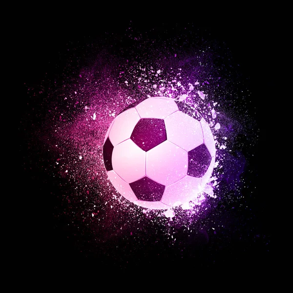 Soccer football ball flying in violet particles. — Stock Photo, Image