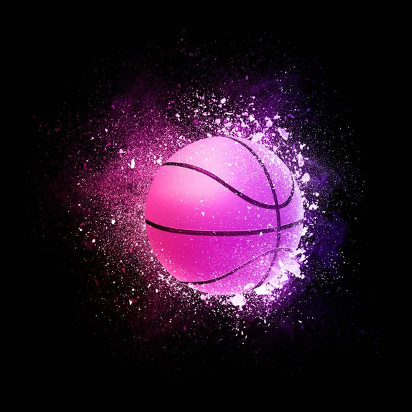 Bola de basquete voando em partículas violetas . — Fotografia de Stock