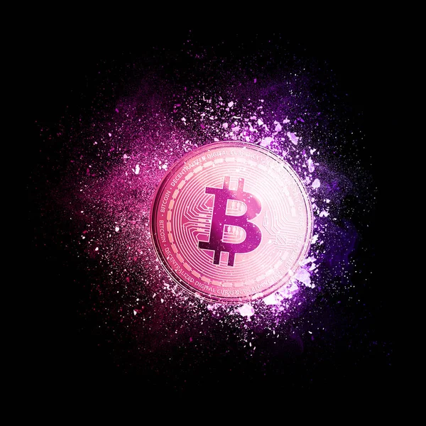 Bitcoin pièce volant en particules violettes . — Photo