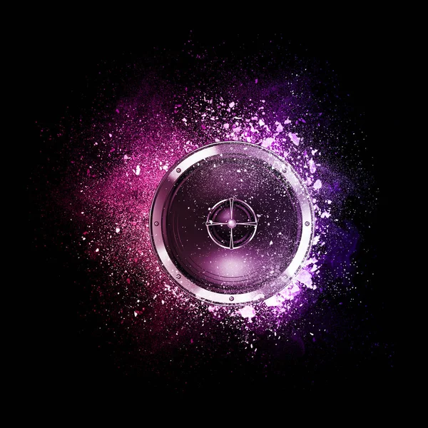Muziek spreker vliegen in violet deeltjes. — Stockfoto