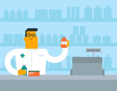 Biraz ilaç gösterilen beyaz beyaz eczacı.