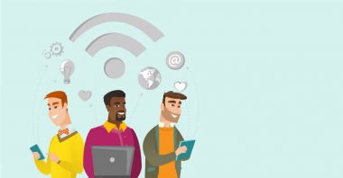 Çok ırklı işadamları WiFi sembolin altında çalışma.