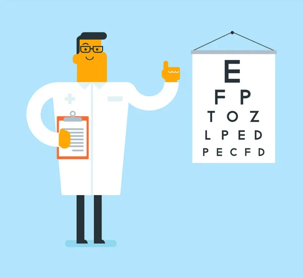 Ophtalmologiste blanc caucasien avec tableau oculaire . — Image vectorielle