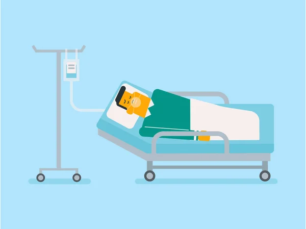 Paciente deitado na cama do hospital com máscara de oxigênio . — Vetor de Stock