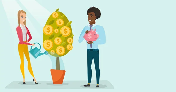 Joven mujer blanca caucásica regando árbol de dinero . — Vector de stock