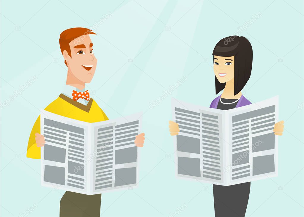 Asian woman and Caucasian man reading newspapers.