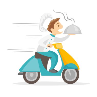Beyaz beyaz adam scooter üzerinde yemek teslim.