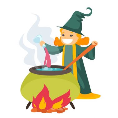 Kızıl saçlı cadı iksiri kazan pişirme.