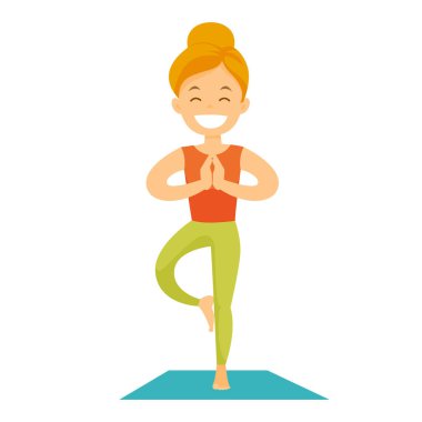 Yoga ağaç poz pratik beyaz beyaz kadın.