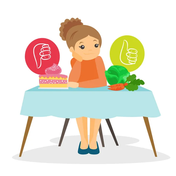 Young woman choosing between vegetables and cake. — Stock Vector
