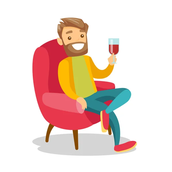 Caucásico hombre blanco bebiendo vino en la silla . — Vector de stock