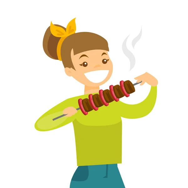 Joven mujer blanca caucásica comiendo shashlik . — Archivo Imágenes Vectoriales