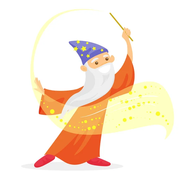 Фокусник с длинной белой бородой машет волшебной палочкой . — стоковый вектор