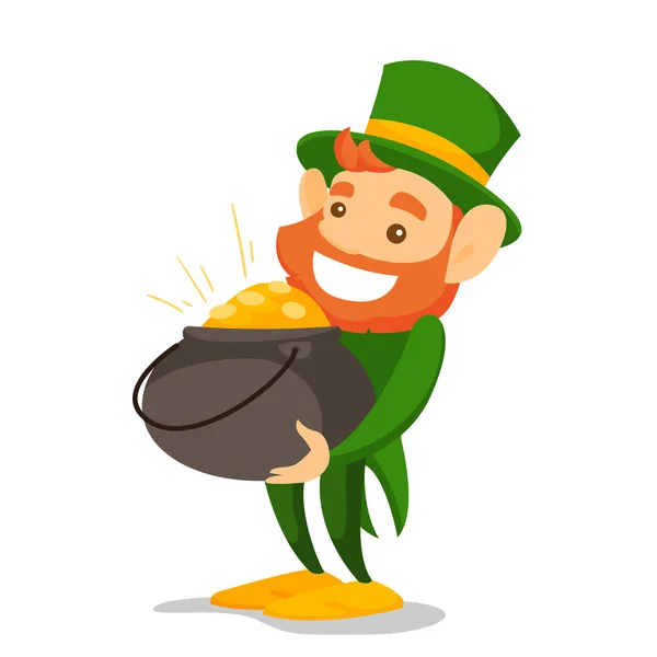 Leprechaun em traje verde segurando pote de ouro . — Vetor de Stock