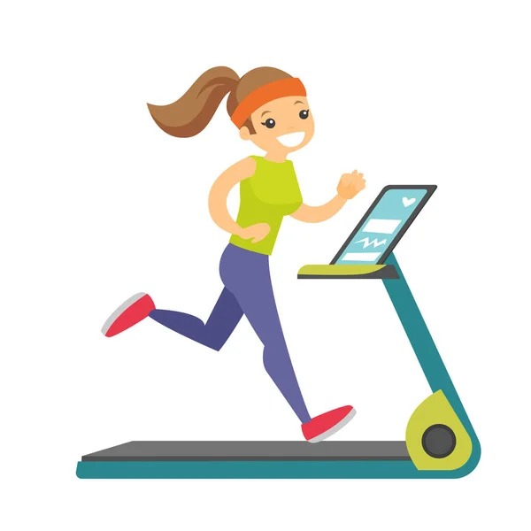 Young caucasian white woman running on treadmill. — Stock Vector