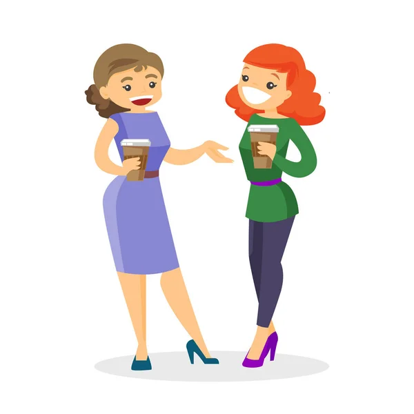 Dos mujeres blancas caucásicas de negocios tomando café — Vector de stock