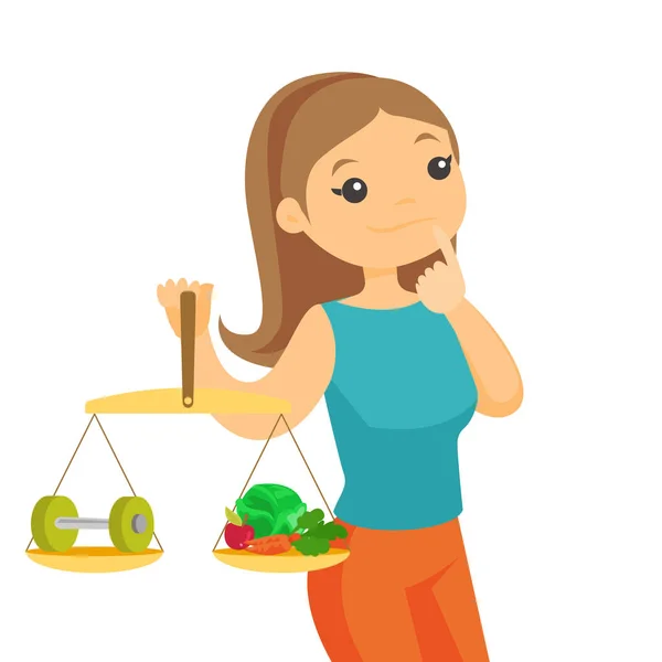 Caucasian white woman weighing food and dumbbell. — Stock Vector