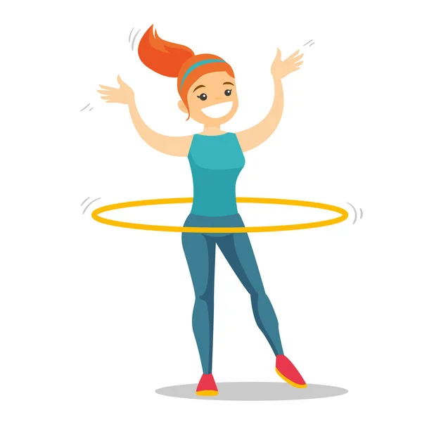 Mujer caucásica haciendo ejercicios con hula hoop . — Vector de stock