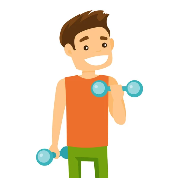 Young caucasian white man lifting dumbbell. — Stock Vector