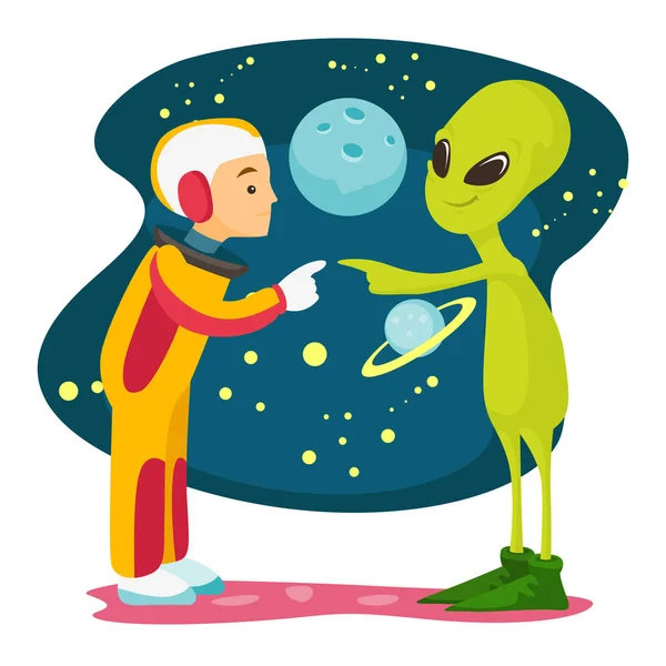 Astronaut and alien meet for the first time. — Stock Vector