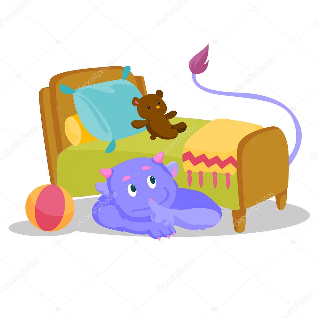 Cute purple monster with tail hiding under the bed
