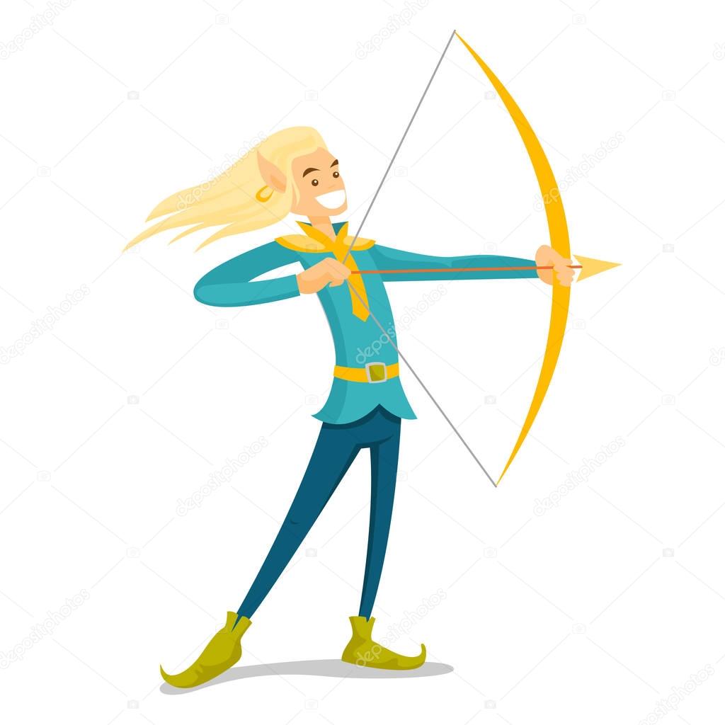 Young blonde elf hunting with a bow and an arrow.