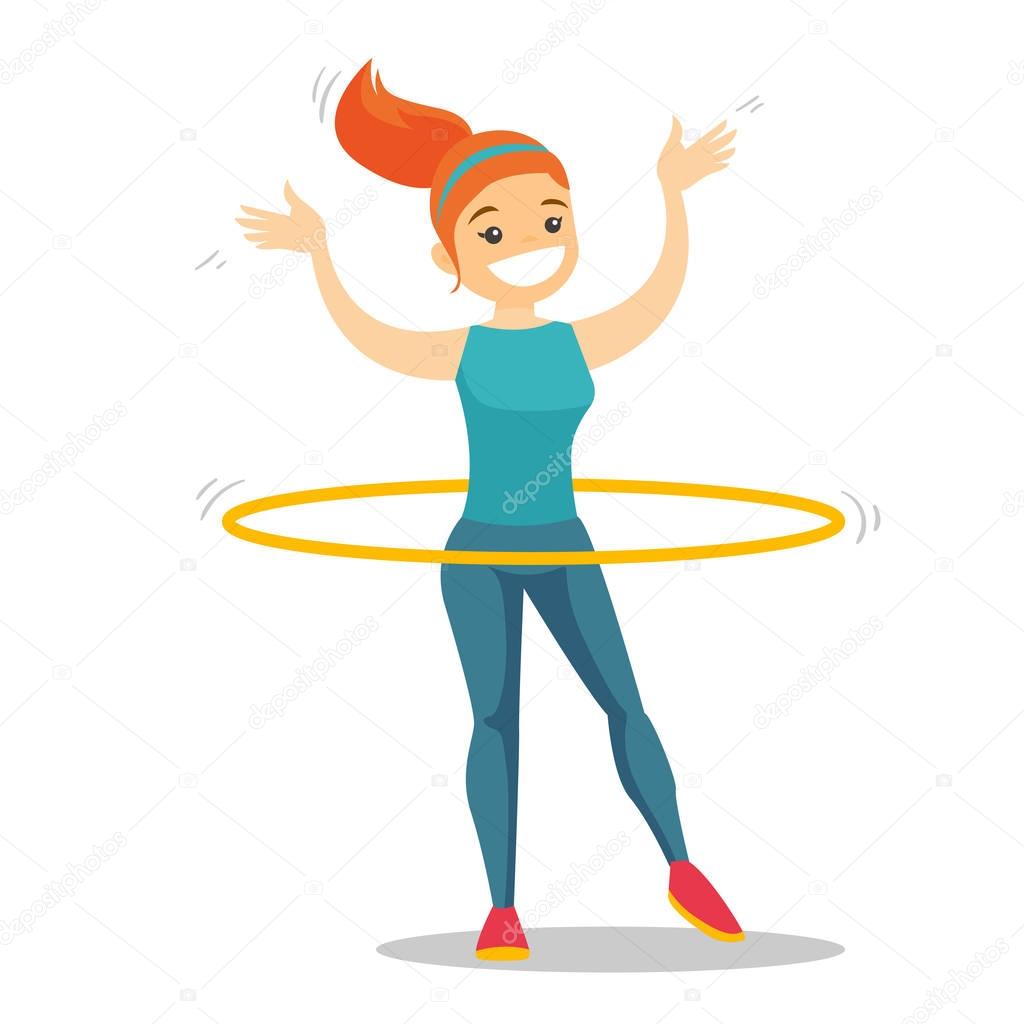 Caucasian woman doing exercises with hula hoop.