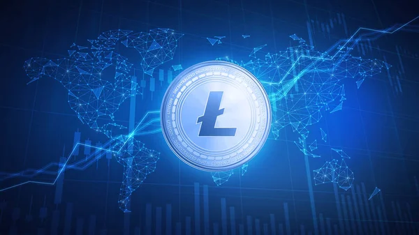 Litecoin-Münze auf feuchtem Hintergrund mit Bullenaktiendiagramm. — Stockfoto