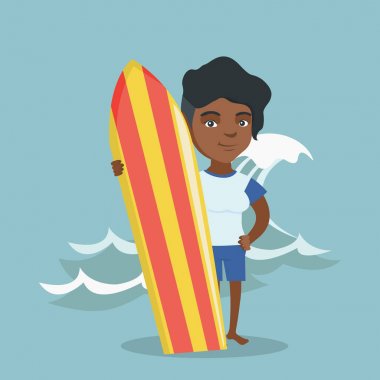 Genç Afro-Amerikan sörfçü bir surfboard holding.