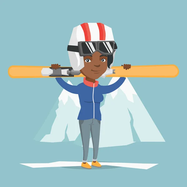 스키를 들고 젊은 아프리카계 미국인 sportswoman. — 스톡 벡터