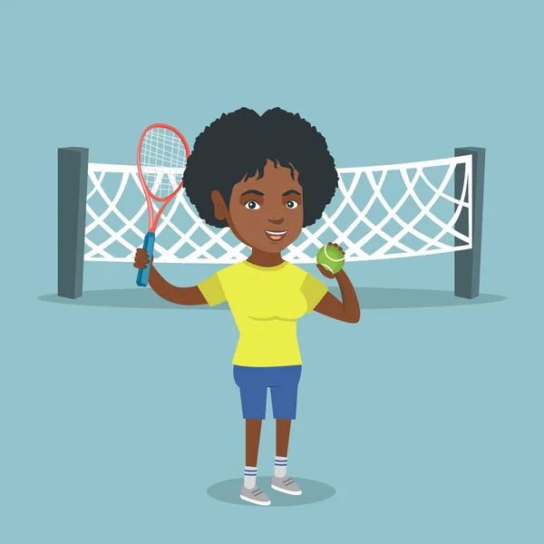 Tenista africano sosteniendo raqueta y pelota . — Vector de stock