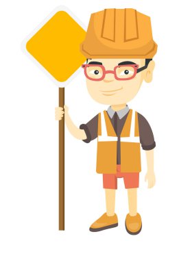 Yol işaret tutan küçük Asya Oluşturucusu çocuk.